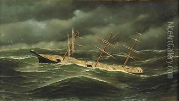 American Ship L. Schepp In A Typhoon Off Bellona Reef, New Caledonia Oil Painting - Antonio Nicolo Gasparo Jacobsen