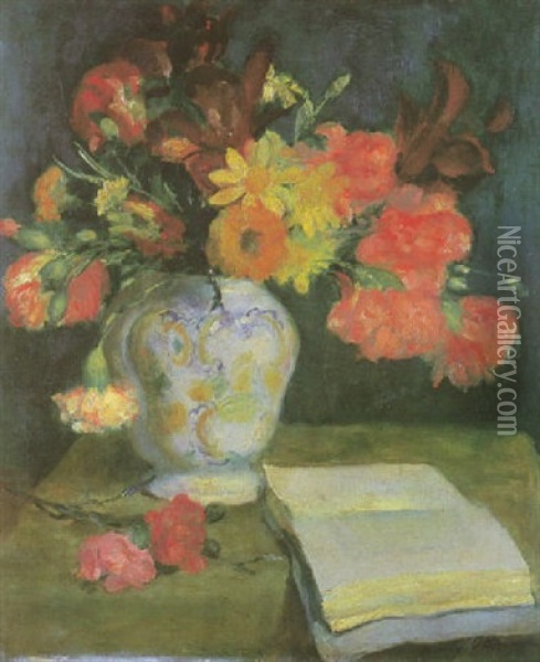 Nature Morte Au Vase De Fleurs Et Au Livre Oil Painting - Henri Ottmann
