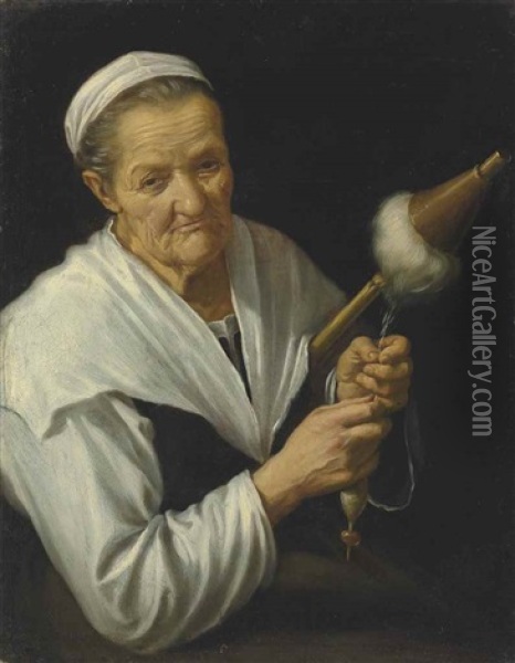 An Old Woman Spinning Thread Oil Painting - Pietro Bellotti