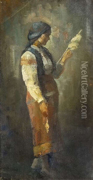 Peasant With Distaff Oil Painting - Sava Hentia