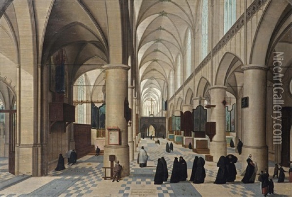 The Interior Of A Gothic Church With Figures Walking Through The Isle, Probably A Christening Procession, Other Figures Praying In The Background Oil Painting - Abel Grimmer