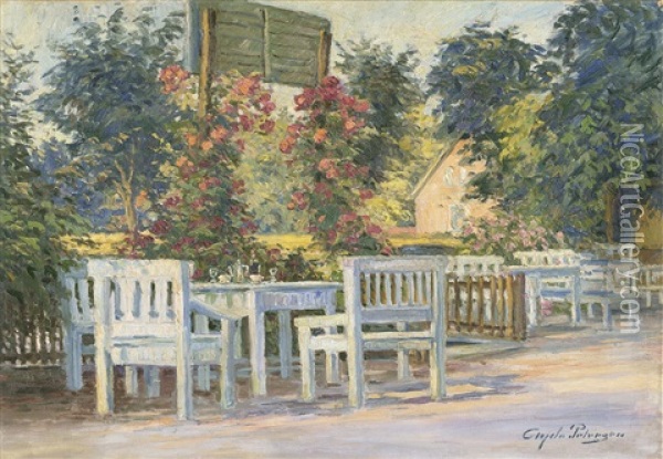 Gedeckter Tisch Im Garten Mit Rosengirlanden Oil Painting - Hans Gyde-Petersen