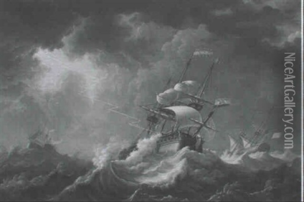 Hollandische Dreimaster In Einem Heftigen Gewittersturm Oil Painting - Johannes Hermanus Barend Koekkoek