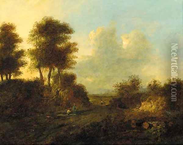Figures resting on a track in a wooded landscape Oil Painting - Patrick Nasmyth