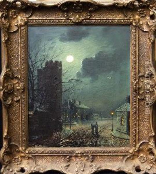 Moonlit Street Scene With A Couple Strolling Oil Painting - Walter Meegan