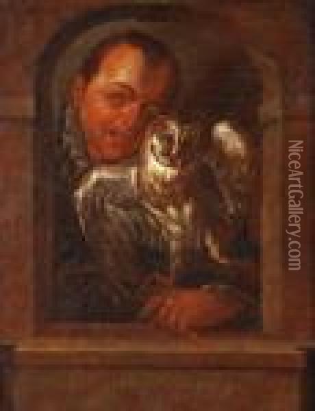 A Man With An Owllooking Through A Stone Arch Oil Painting - Hans Von Aachen