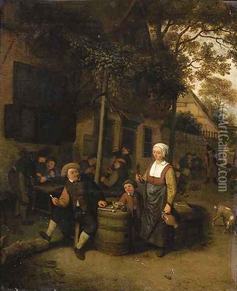A maid serving a peasant seated by a barrel outside an inn Oil Painting - Cornelis Dusart