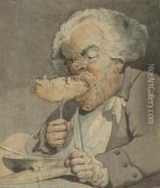 A Grotesque Man Eating Pork Oil Painting - Thomas Rowlandson