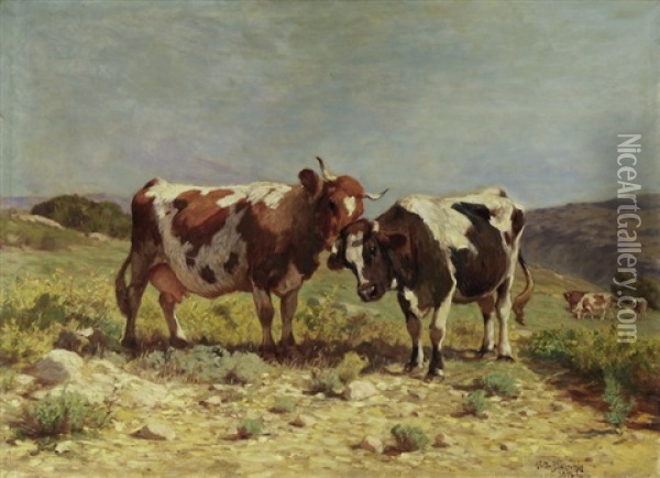 Zwei Kuhe Auf Der Weide Oil Painting - Walter Biddlecombe