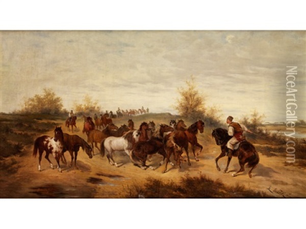 Pferdetreiber Auf Einem Weg Oil Painting - Ludwig Gedlek