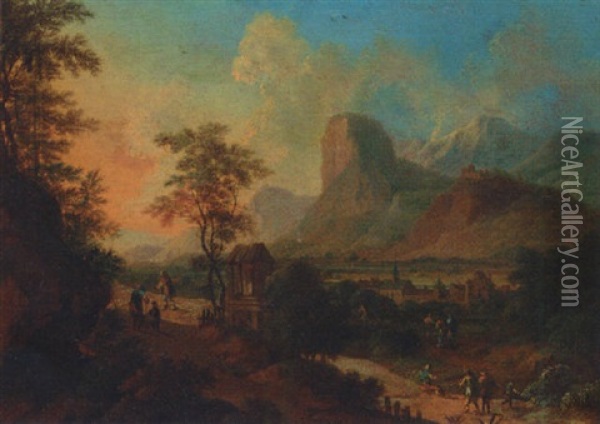 An Italianate Landscape With Figures On A Pass By A Shrine At Sunset Oil Painting - Franz de Paula Ferg