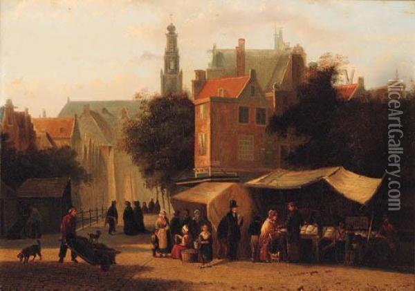 Market Day In A Dutch Town Oil Painting - Johannes Hermann Barend Koekkoek