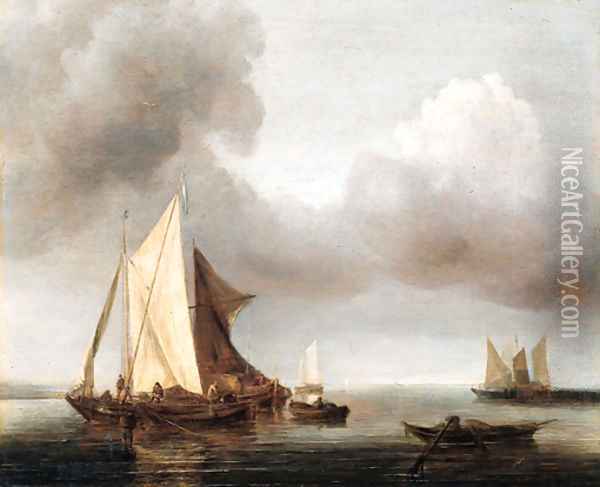 A calm smalschepen at anchor on a cloudy day Oil Painting - Jan Van De Capell