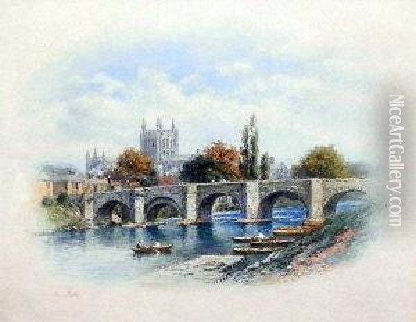 View Of A Bridge With A Cathedral In The Distance Oil Painting - George Fall
