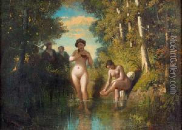 Badende Frauen Im Wald. Oil Painting - Tony Francis De Bergue