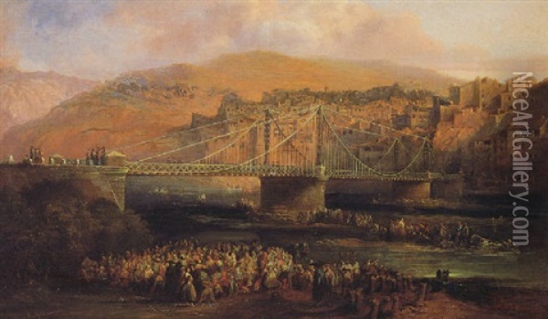 Vista De La Ciudad De Fraga Y Su Puente Colgante Oil Painting - Genaro Perez Villaamil