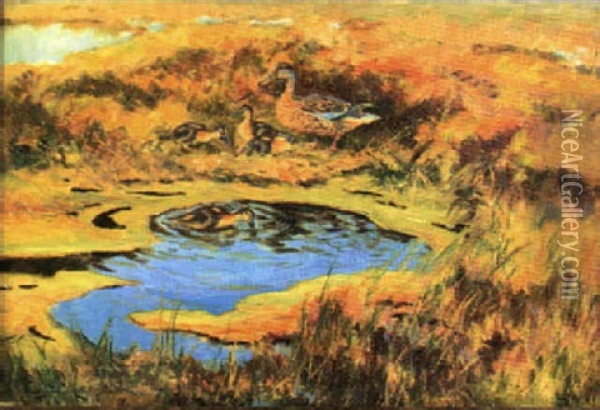 Andfamilj Vid Vattendrag Oil Painting - William Gislander