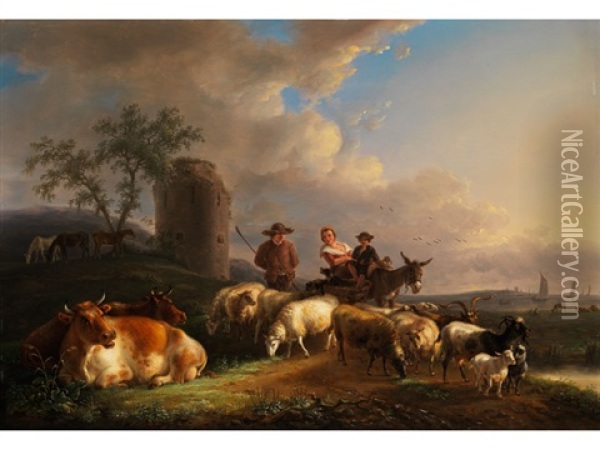 Schaferszene In Italienisierender Ideallandschaft Mit Blick Auf Die Kuste Oil Painting - Jean-Baptiste De Roy