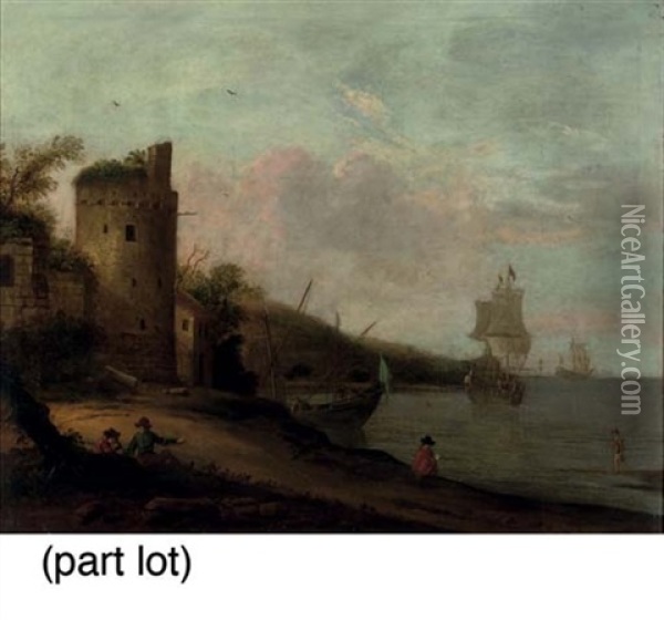 A Coastal Landscape With Figures Conversing By A Tower (+ A Coastal Landscape With Figures Conversing Near Ancient Ruins; Pair) Oil Painting - Franz de Paula Ferg