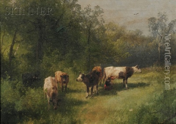 Meadow With Cows And A Milkmaid Oil Painting - Hermann Herzog