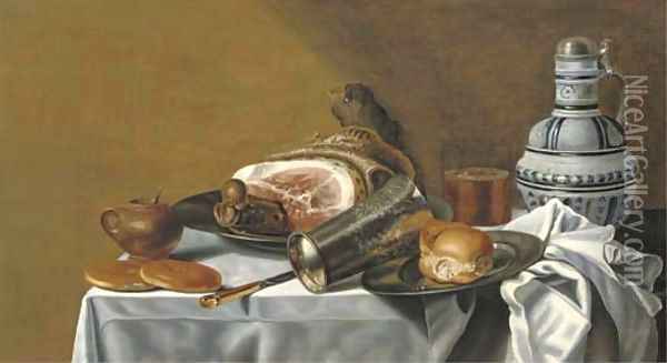 A ham and a bread roll on pewter plates Oil Painting - Pieter Van Berendrecht