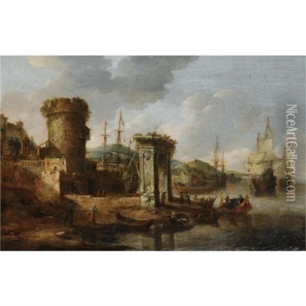 A Capriccio Of A Mediterranean Harbour With Elegant Figures Embarking A Boat, A Roman Triumphal Arch, And Dutch Men-of-war Beyond Oil Painting - Jan Abrahamsz. Beerstraten