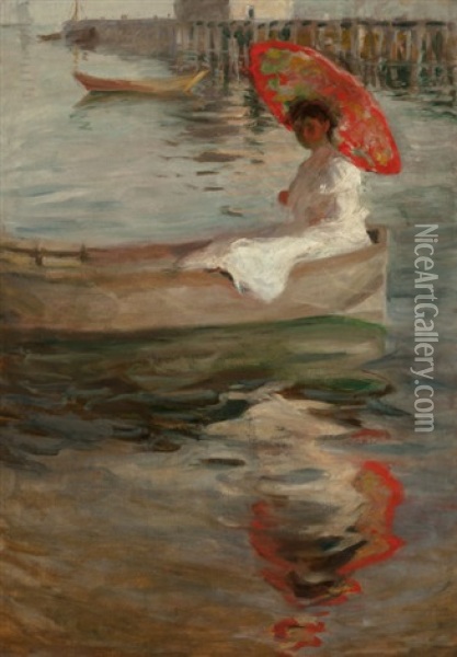 Woman With Crimson Parasol Oil Painting - William Merritt Chase