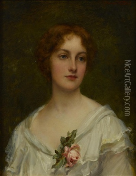 A Portrait Of A Young Woman, Bust-length, In A White Dress Oil Painting - John Hanson Walker