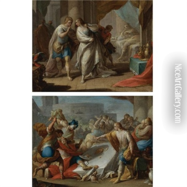 Amnon's Outrage On Behalf Of His Sister Tamar (+ Absalom Orders The Murder Of Amnon; Pair) Oil Painting - Andrea Celesti