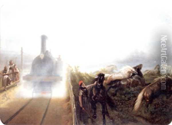 Chevaux En Liberte Surpris Par Les Chevaux-vapeurs Oil Painting - Jules-Theophile Schuler