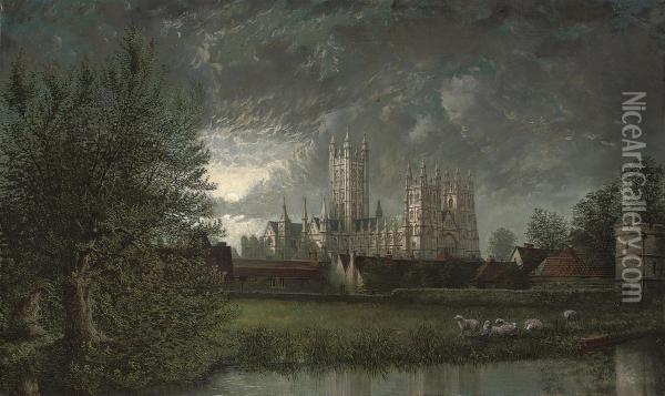 Canterbury Cathedral By Moonlight Oil Painting - John Macvicar Anderson
