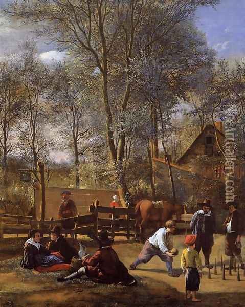 Skittle Players Outside an Inn, dated 1652 Oil Painting - Jan Steen