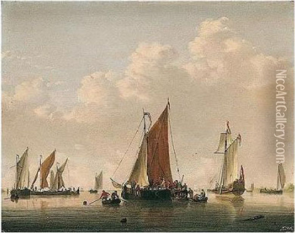 A Dutch Frigate And Light Shipping In A Calm, With Soldiers Boarding A Vessel Oil Painting - Jan van Os