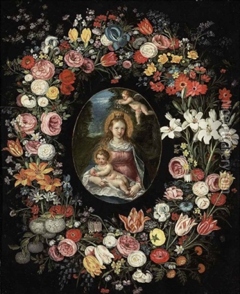 The Virgin And Child In A Feigned Cartouche, Surrounded By A Garland Of Flowers Oil Painting - Jan Brueghel the Elder