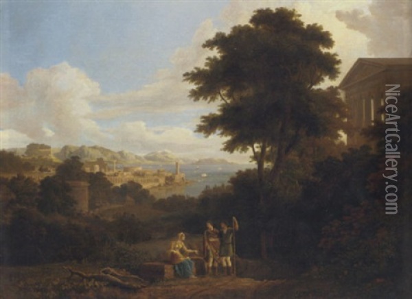 A Classical Landscape With Figures Conversing On A Hilltop Near A Temple, A Coastal Town Beyond Oil Painting - Hendrick Frans van Lint