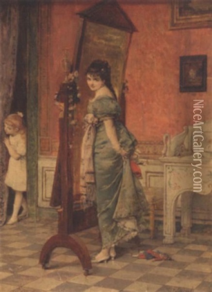 A Mother And Daughter Oil Painting - Vicente Palmaroli y Gonzales