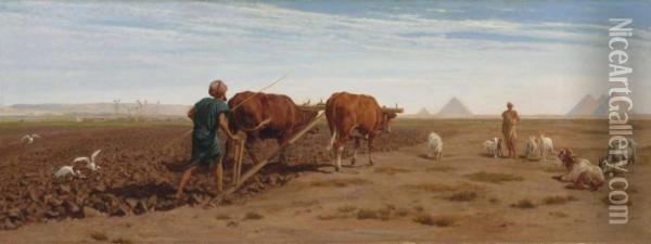 Farming On The Flood Plain Of The Nile, Pyramids Beyond Oil Painting - Frederick Goodall