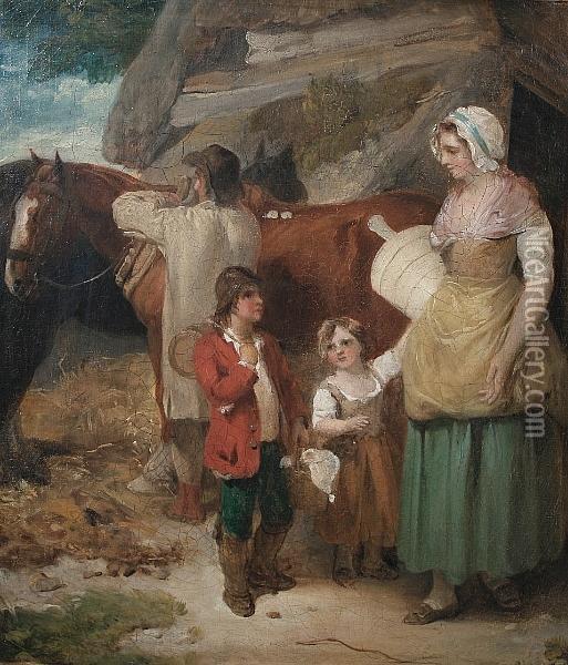 A Dairy Maid With A Farmer, His 
Horse And Children; A Cottage Interior With A Labourer And His Family, A
 Pair Oil Painting - Francis Wheatley