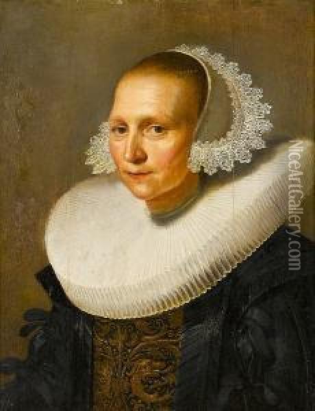 Portrait Of A Lady, Bust-length, In Black Costume With Gold Brocade Detail And A Lace Cap Oil Painting - Johannes Cornelisz. Verspronck