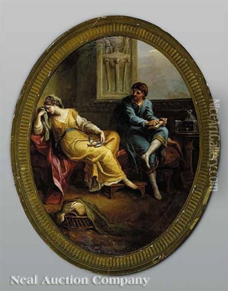 Virgil Reading The Aeneid To Augustus And Octavia (+ A Classical Scene With A Young Man And Young Woman Mourning The Death Of A Songbird; Pair) Oil Painting - Antonio Zucchi