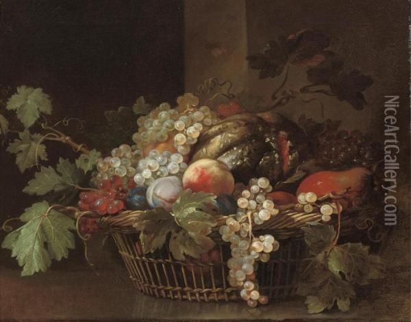Peaches, Grapes, Plums, Pears And A Melon In A Wicker Basket Oil Painting - Jean-Baptiste Oudry