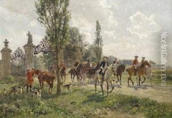Jagdgesellschaft Vor Dem Tor Zum
 Schlosspark. Oil Painting - Wilhelm Velten