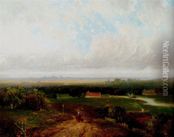 A Panoramic View Of Haarlem With Figures On A Track In Kraantje Lek In The Foreground Oil Painting - Pieter Lodewijk Francisco Kluyver