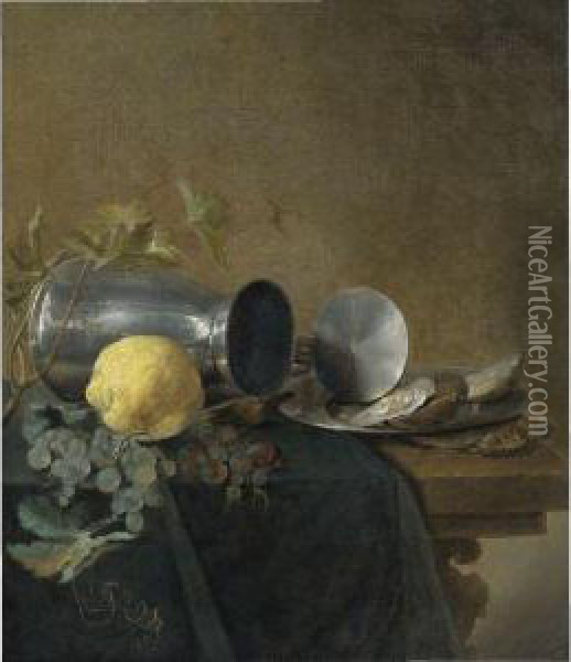 Still Life Of A Pewter Tankard, Lemon, Oysters And Grapes Oil Painting - Jan Davidsz De Heem