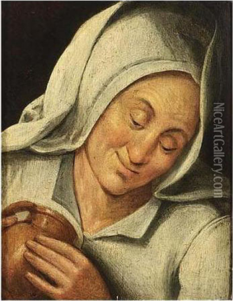A Peasant Woman Holding A Jug Oil Painting - Marten Van Cleve