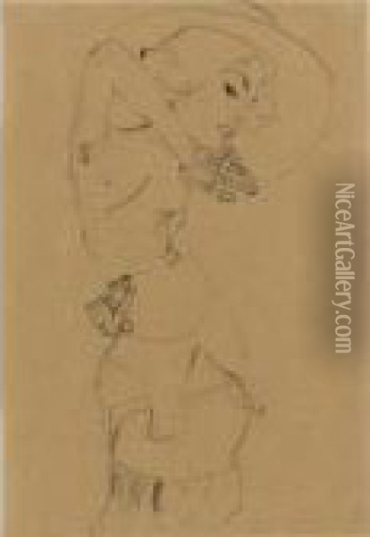 Stehender Akt Mit Grossem Hut 
(gertrude Schiele) Standing Nude With Large Hat (gertrude Schiele) Oil Painting - Egon Schiele