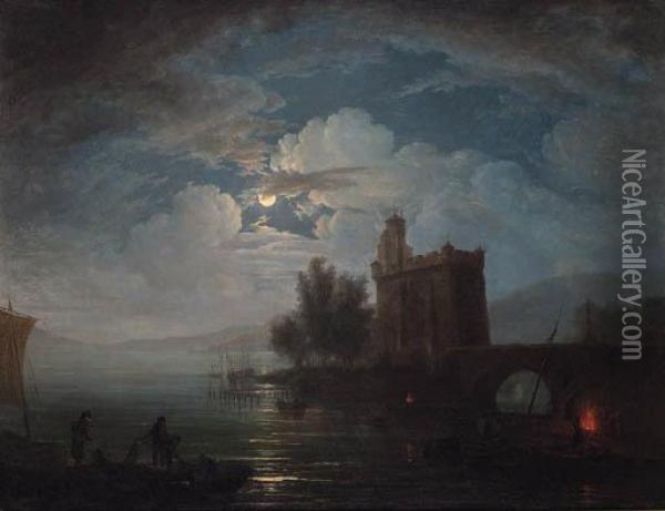 Fisherfolk On The Shore Of A Lake By Moonlight, A Castlebeyond Oil Painting - Claude-joseph Vernet