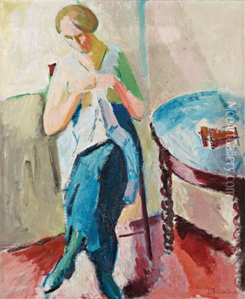 Sigrid Knitting Oil Painting - Isaac Gruenewald