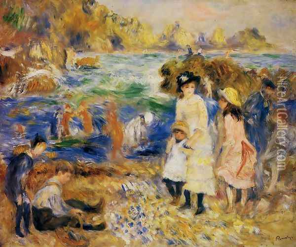 Children By The Sea In Guernsey Oil Painting - Pierre Auguste Renoir