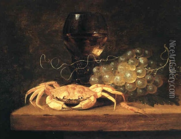 Still Life With A Crab, Grapes And A Wine Glass Oil Painting - Theodorus (Dirk) Smits